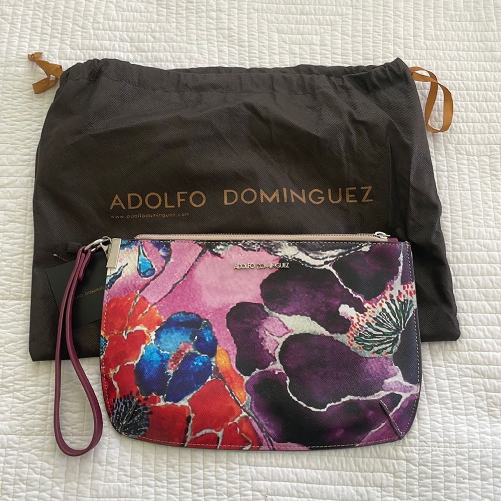 Adolfo Dominguez Purpler Flower Print Clutch Purse NWT